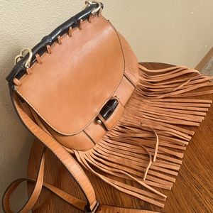 Fringe Leather Purse Amber Brown 12” x 9” Cross Body Purse Feature Bamboo Accent